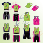 Image of an example range of men's and women's triathlon customized clothing range available from Captivations Sportswear